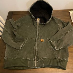 Vintage 2XL Carhartt Zip Up Jacket Hooded Green Canvas 14806 Made In USA!